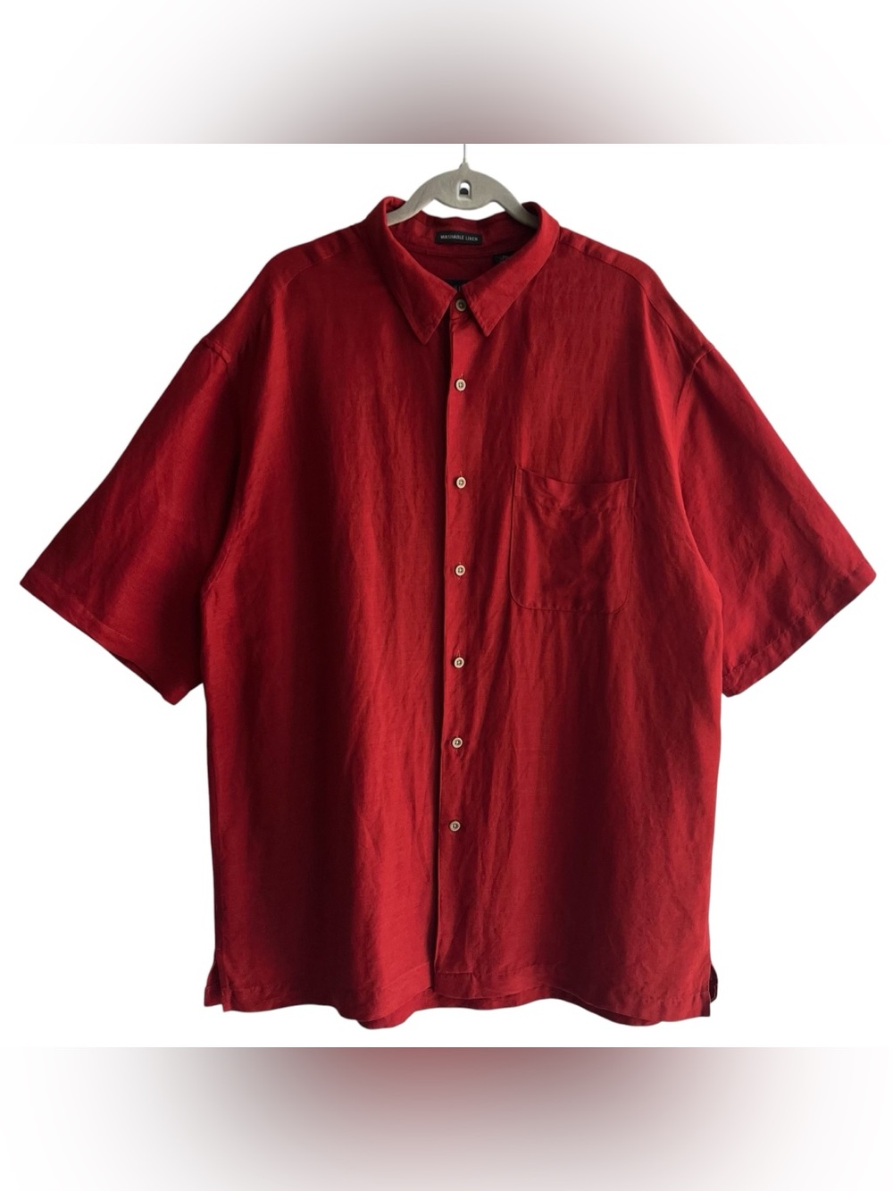 Men’s Button Down Linen Blend Shirt XL Deep Red Short Sleeve Classic Coastal